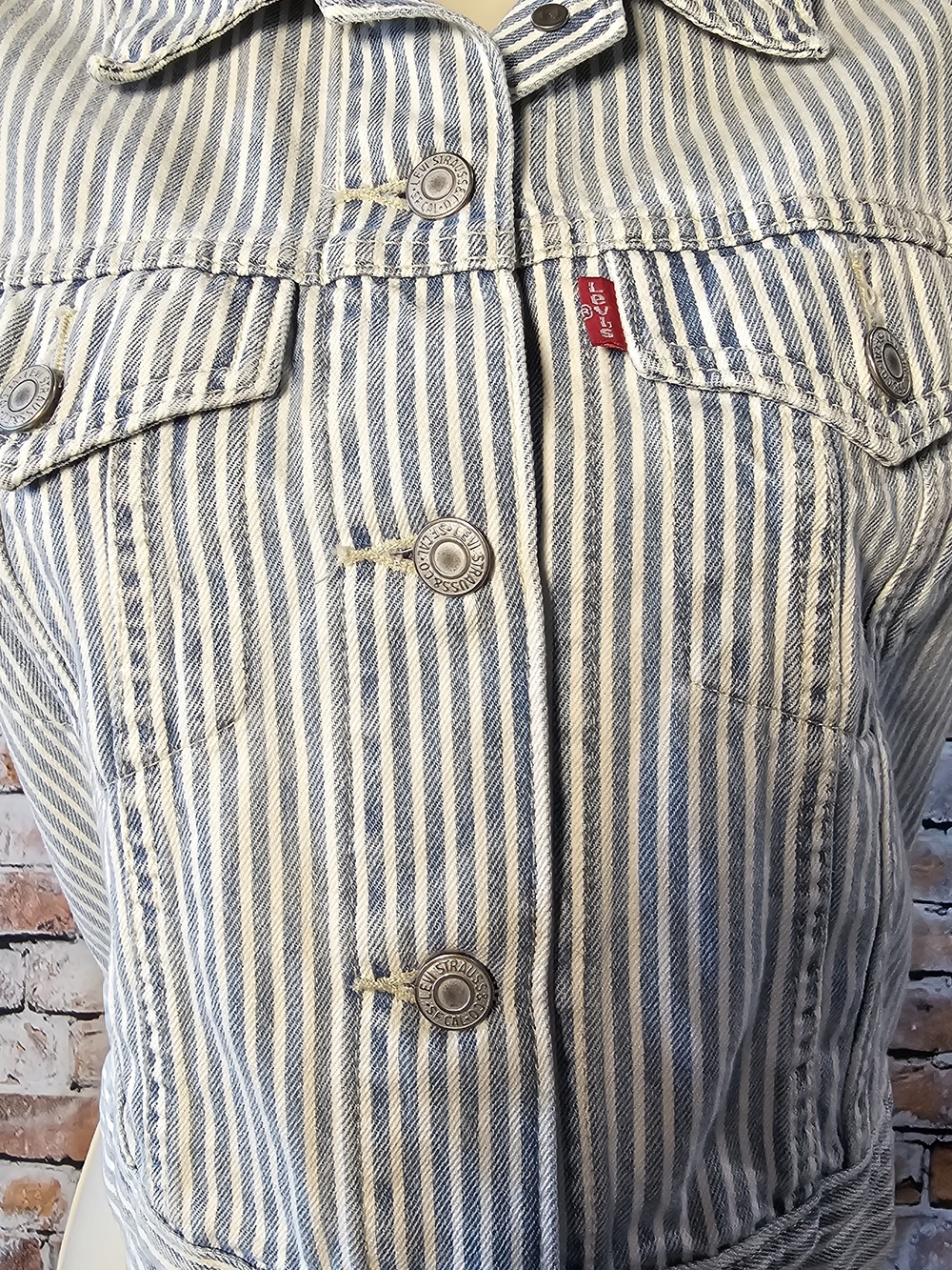 Levi's Sleeveless Denim Trucker Vest Blue White Hickory Stripe Size Small NWT